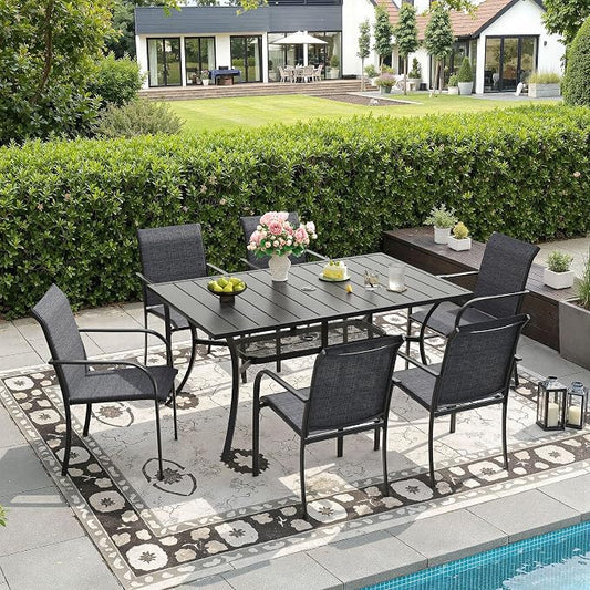 DIFY 7 Pieces Outdoor Patio Dining Set for 6, 59.2" Black Rectangle Metal Dining Table and 6 Grey Stackable Textilene Patio Chairs, Outdoor Table and Chairs for Backyard Garden Poolside