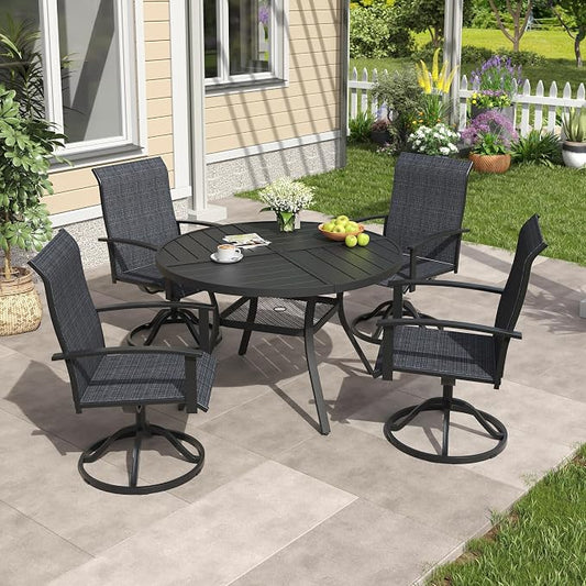 VICLLAX 5 Pieces Patio Outdoor Dining Set, 4 Swivel Textilene Chairs and 40.6" Round Metal Table with Umbrella Hole for Porch, Deck, Garden, Black