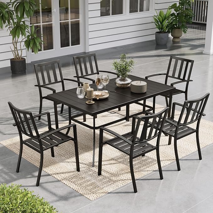 Sophia & William Patio Table and Chairs Set, Outdoor Dining Set for 6, 7 Piece Metal Patio Furniture, 60" Black Rectangular Table(Stripe)