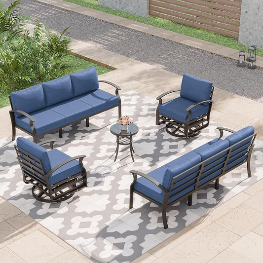 Kurapika Aluminum Patio Furniture Set 8-Seat Modern Metal Outdoor Conversation Sets w/Swivel Rocking Chairs Patio Sectional Sofa w/5.1 Inch Cushion, Navy Blue