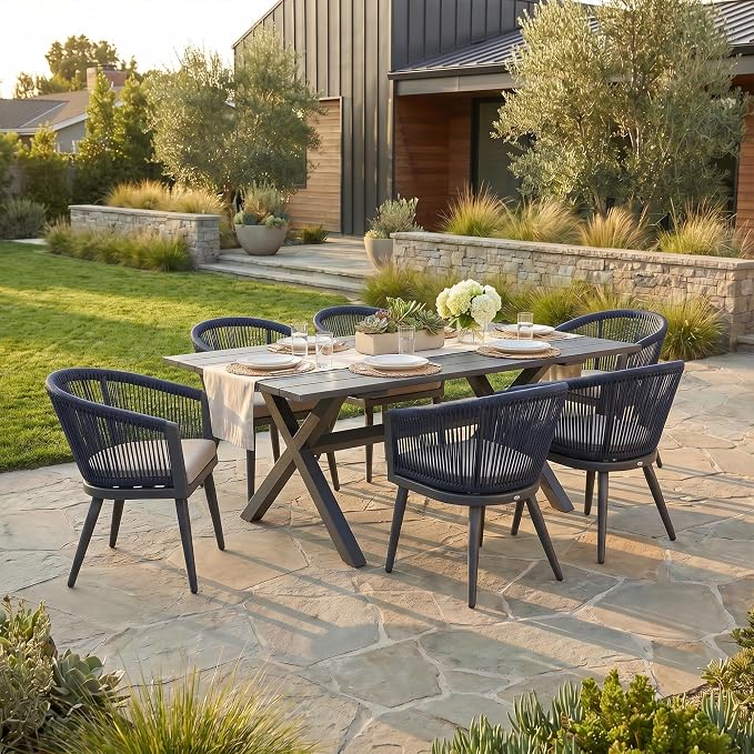 PURPLE LEAF Patio Dining Set for 6 All-Weather Wicker 7 Piece Aluminium Outdoor Table and Chairs Set Included Cushions for Backyard Indoor Decor Kitchen Modern Outdoor Furniture Set Grey and Navy