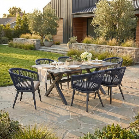 PURPLE LEAF Patio Dining Set for 6 All-Weather Wicker 7 Piece Aluminium Outdoor Table and Chairs Set Included Cushions for Backyard Indoor Decor Kitchen Modern Outdoor Furniture Set Grey and Navy