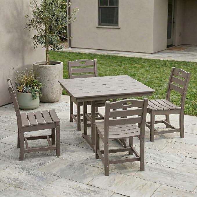 WILLIAMSPACE 37.8" Outdoor Patio Dining Set with 4 Armless Chairs, All Weather HDPE Square Dining Table with Umbrella Hole, Patio 5-Piece Bistro Set for Backyard, Balcony, Lawn, Kitchen (Brown)