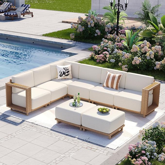 Aoxun Patio Furniture Set, 8 Piece Outdoor Wicker Sectional Sofa, All‑Weather Rattan Modular Sofa with 10'' Ultra‑Thick Cushions, Outdoor Conversation Set for Backyard, Poolside & Garden, Yellow/Beige