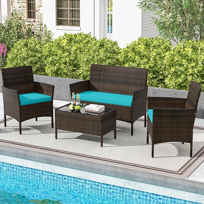 4 Piece Patio Furniture Set, Sectional Conversation Sofa Set with Glass Coffee Table, Cushions & Loveseat, Wicker Outdoor Table and Chairs for Pool, Garden, Deck, Backyard (1, Turquoise)