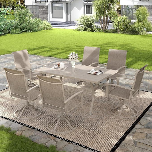 VICLLAX 7 Pieces Patio Outdoor Dining Set, 6 Swivel Textilene Chairs and 63" Rectangular Metal Table with Umbrella Hole for Porch, Deck, Garden, Sandshell
