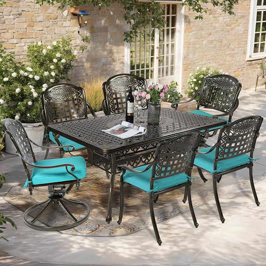 7-Piece Outdoor Patio Dining Set, 60” Rectangular Cast Aluminum Dining Table with Umbrella Hole and 4 Stationary, 2 Swivel Rocker Chairs, 6 Cushioned, Backyard, Patio, Garden, Blue