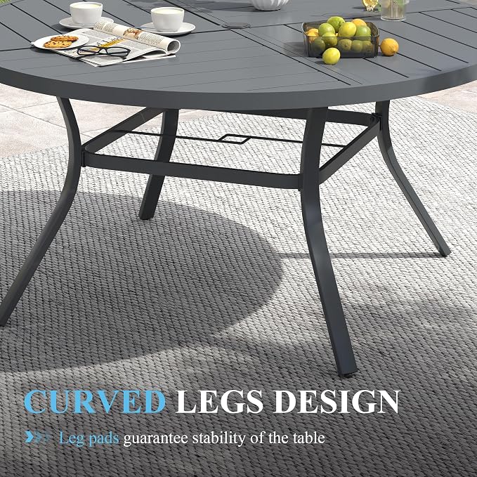 VICLLAX 60" Round Patio Table with Umbrella Hole, All Weather Metal Outdoor Dining Table for 8, Outside Table for Lawn Garden, Grey