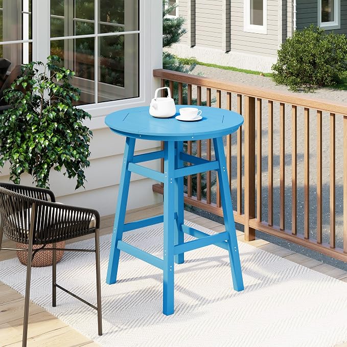 Costaelm Patio Bistro Table, 42" Counter Height Round Patio Cocktail Bar Table with Umbrella Hole, Outdoor Bistro Dining Pub Table for Front Porch Deck Backyard Garden, Pacific Blue