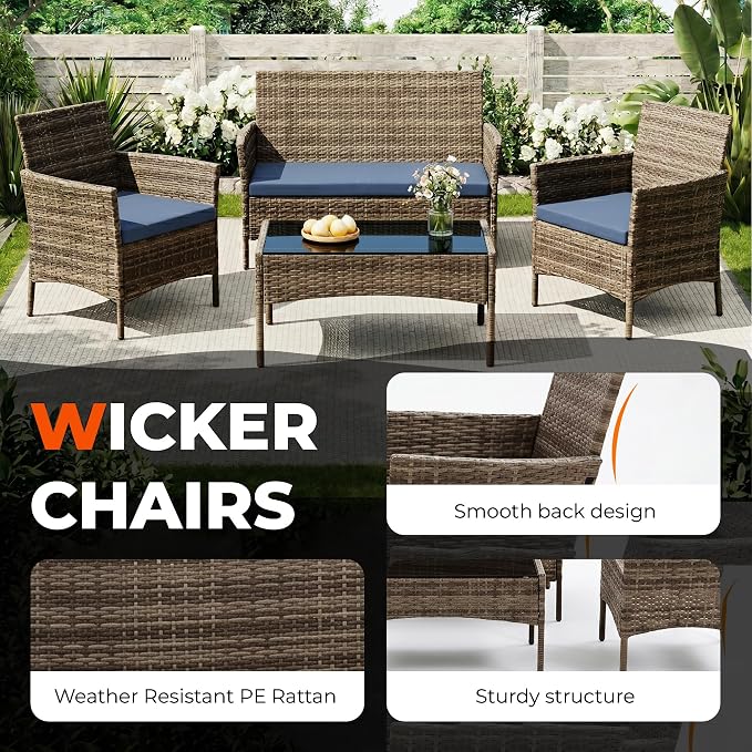 4 Pieces Outdoor Patio Furniture Set, Wicker Patio Conversation Set with Tea Table, All-Weather Outside Rattan Sectional Sofa for Backyard, Poolside, Garden, Balcony, Brown/Navy