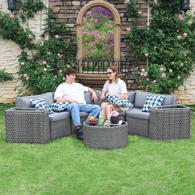Restland Half Moon Patio Furniture Set with Tables,7 Pieces Wicker Outdoor Sectional Curved Sofas, Round Conversation Set, Grey Rattan