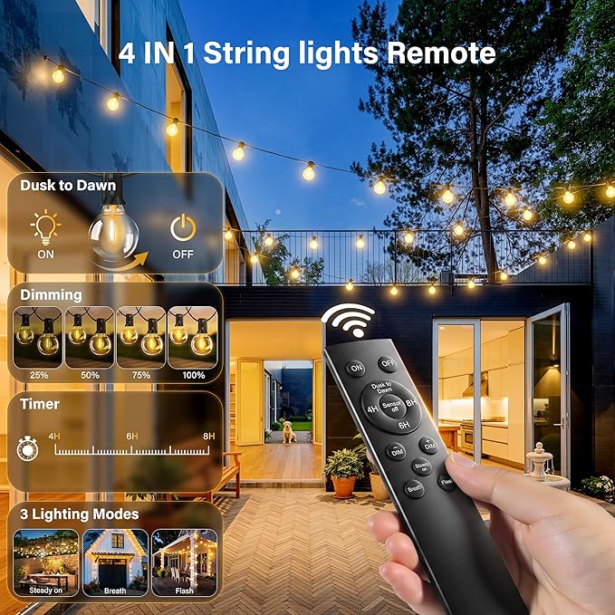 30FT Outdoor String Lights with Remote, Waterproof Connectable Dimmable G40 Patio Lights with 12+1 Shatterproof Edison LED Bulbs Plug in, Hanging Light for Outside Backyard Deck Garage Decor
