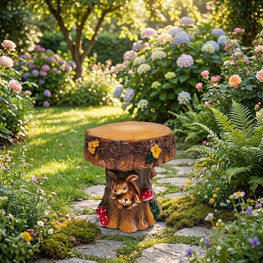 12.6" Resin Rabbit Tree Stump Stool – Whimsical Indoor Outdoor Garden Chair, Decorative Accent Seat for Patio Backyard Terrace, Unique Forest Animal Figurine Decor for Kids Room & Garden