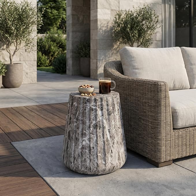 Outdoor Side Table Round Concrete Side Table Faux Marble End Tables Cement Accent Tables Patio Garden Stool Plant Stand for Porch, Backyard Balcony,16",Barrel, Grey