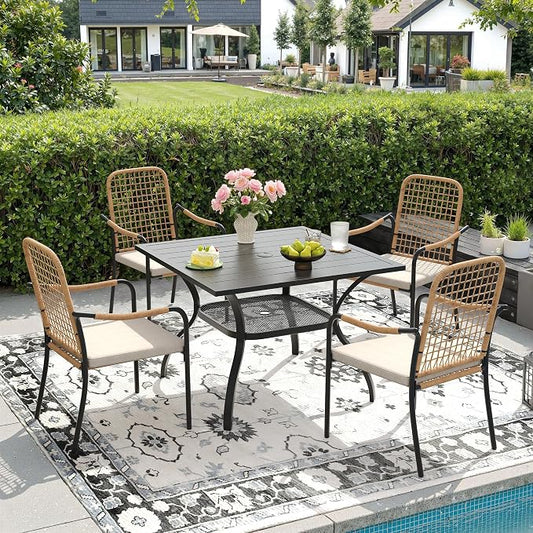 DIFY 5 Pieces Outdoor Dining Set, Metal Patio Table and Chairs Set for 4, 37.8" Square Dining Table with Umbrella Hole & Wicker Stackable Patio Chairs with Cushions, Black Tabletop