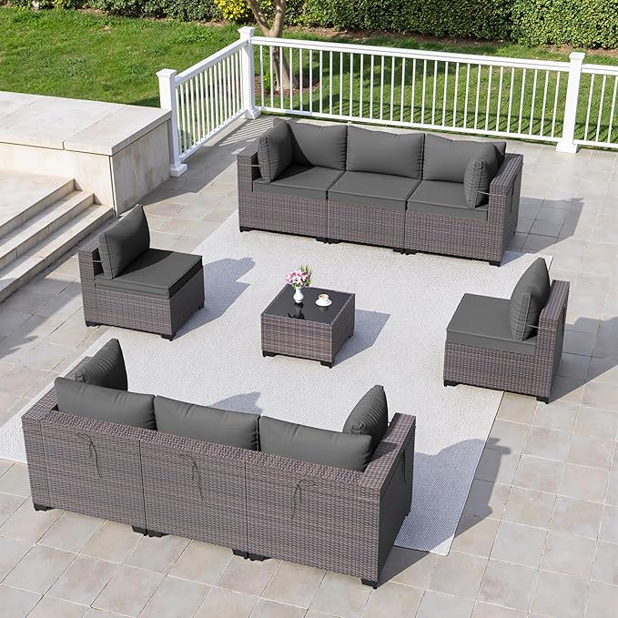 9 Pieces Outdoor Sectional Furniture All Weather PE Rattan Wicker Patio Conversation Set with Coffee Table and 8 Thickened Cushions,Grey