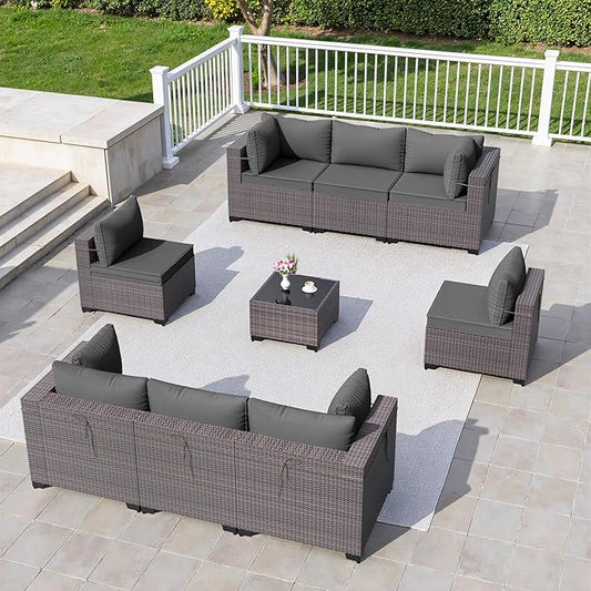 9 Pieces Outdoor Sectional Furniture All Weather PE Rattan Wicker Patio Conversation Set with Coffee Table and 8 Thickened Cushions,Grey
