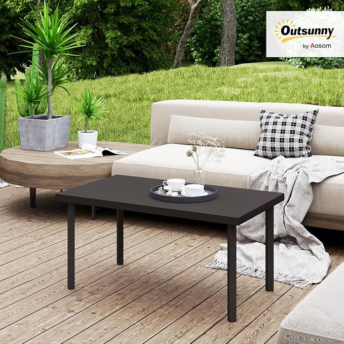 Outsunny Metal Garden Coffee Table, Rectangular Outdoor Side Table with Woodgrain Tabletop, Foot Pads for Outside, Garden, Balcony, Porch, 95 x 55 x 46cm, Brown
