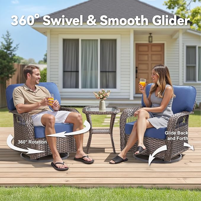 Wicker Swivel Rocker Patio Chairs, Patio Wicker Chairs Swivel Rocker Set of 2 All Weather Glider Rocking Chair Outdoor Conversation Furniture Set for Deck Porch Garden Backyard, Blue