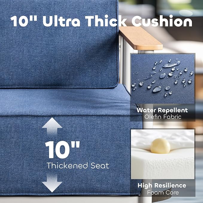 Luxury Patio Furniture Set with 10" Extra Thick Cushions, 6 PCS Outdoor Furniture Set with Patio Chairs & Couch & Coffee Table, Suitable for Porch, Balcony, Deck, Yard, Poolside, White/Blue