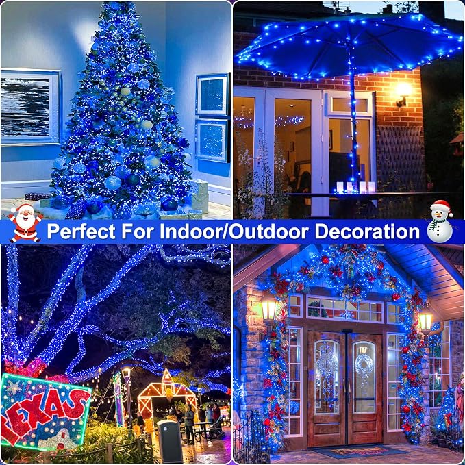 Blue Christmas Lights Outdoor, 66FT 200 LED Christmas Tree Lights | Waterproof 8 Modes Connectable String Lights for Outside Indoor House Patio Yard Xmas Garden Party Wedding Decorations