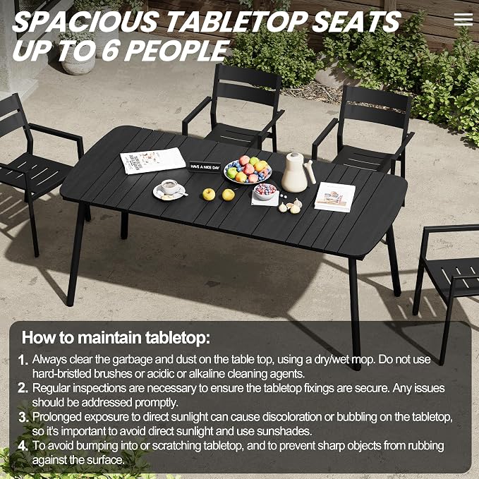 70" Outdoor Dining Table for 6, Black Patio Table | 1.6" Umbrella Hole Rectangle Table with Aluminum Frame and Waterproof Wood Grain Tabletop for Lawn Backyard Garden Poolside