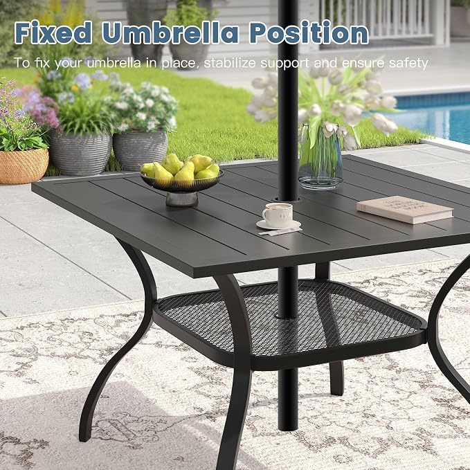 DIFY 5 Pieces Outdoor Dining Set, Metal Patio Table and Chairs Set for 4 with Umbrella Hole, 37.8" Black Square Table and Blue Textilene Swivel Patio Chairs for Garden, Backyard, Poolside