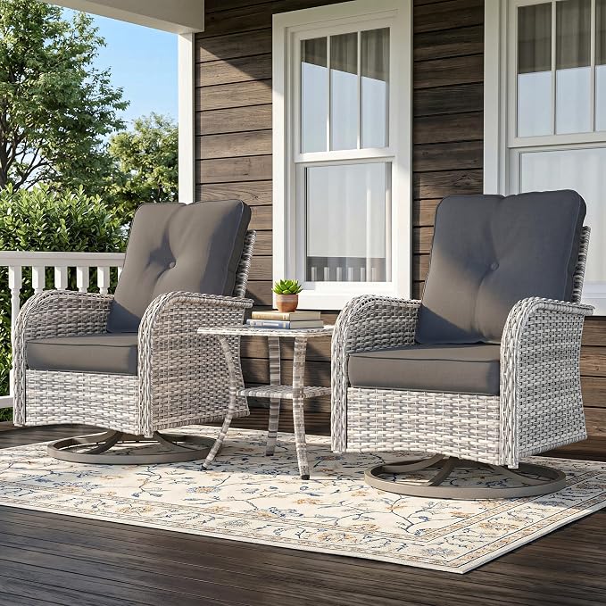 3-Piece Small Patio Furniture Set, Outdoor Swivel Rocking Chairs Set with Wicker Chairs and Tempered Glass Side Table, Outdoor Furniture Patio Bistro Set for Balcony, Deck, Porch