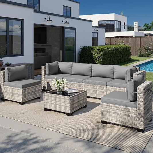 7-Piece Outdoor Patio Furniture Set, PE Wicker Rattan Sectional Sofa Conversation Set with Tempered Glass Table & Thick Cushions - All-Weather Garden, Backyard Furniture, Grey