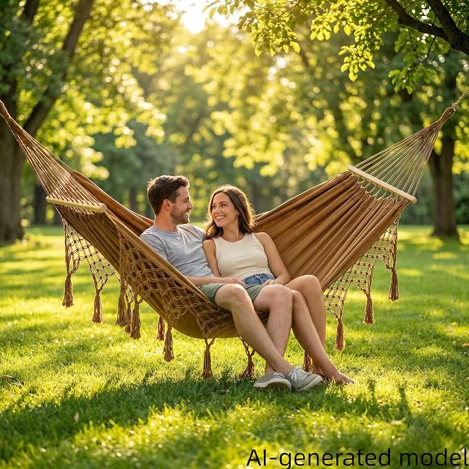 Boho Fringe Hammock with Carry Bag and 2 Tree Straps, 2 Person Fabric Hammock, 500 lb Capacity for Backyard, Porch, Patio, Camping, Indoor Outdoor Use