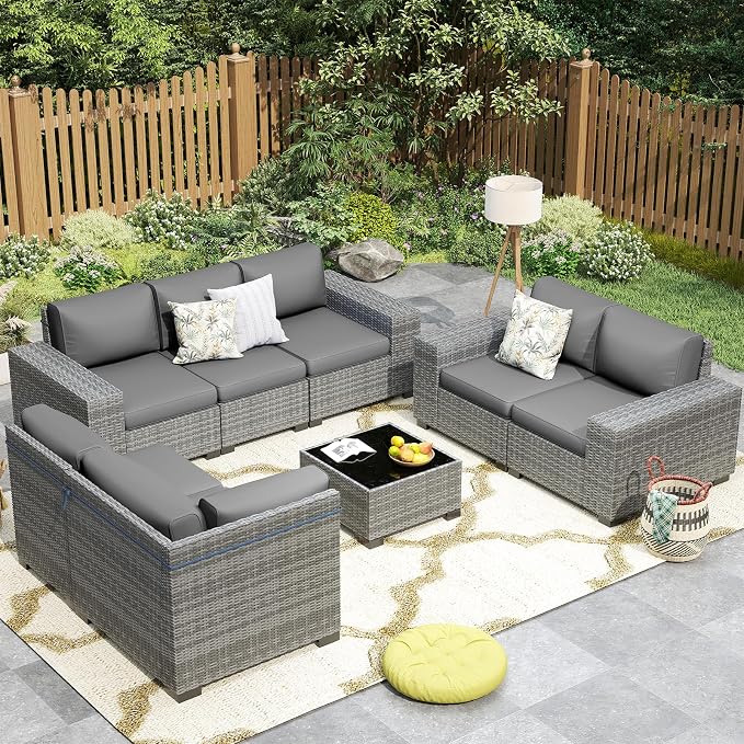 Outdoor Patio Furniture Set, Wide Outdoor Sectional Rattan Sofa Set, Wicker Patio Conversation Set with Cover for Deck, Poolside, Porch, 8 PCS (Grey & Grey)