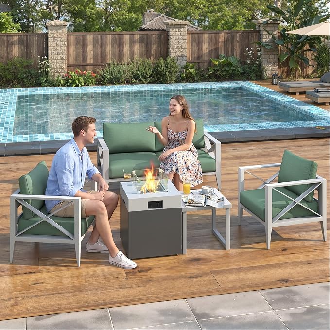 4 Piece Aluminum Patio Furniture Set with Fire Pit, Modern Outdoor Patio Conversation Sets with 2-IN-1 Fire Pit Table, 6" Thick Washable Cushions and Coffee Table for Balcony, Porch, Backyard,White