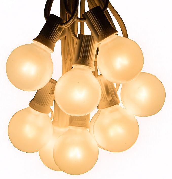 50 Foot G40 White Pearl Wedding String Lights with White Wire | G40 1.6 Inch 5-watt Globe Bulbs - Great for Parties, Patios, Backyards, Tents and more