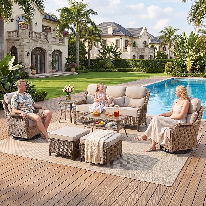 Luxury High Back Patio Furniture Set with 6-Inch Thick Cushions, 5-Pieces Outdoor Furniture with Swivel Chairs, Wicker Conversation Set for Porch, Balcony, Deck and Yard, Yellow/Beige