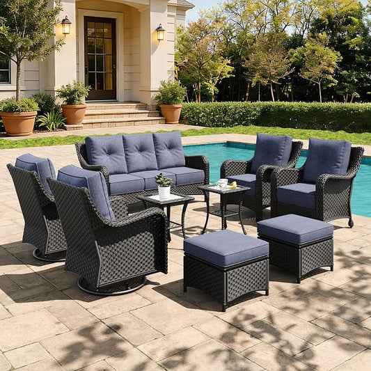 9 Pieces Outdoor Furniture Set with 6-inch Cushions, High Back Wicker Swivel Rocker Chairs with Coffee Table, Luxury Conversation Set for Deck Patio and Poolside