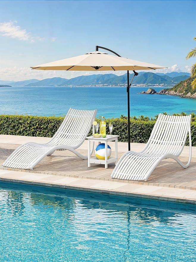 LUE BONA Outdoor Side Table, 2-Tier HDPE Small Outdoor End Table with Rail for Patio, Deck, Poolside, Low Maintenance & Weather Resistant, White