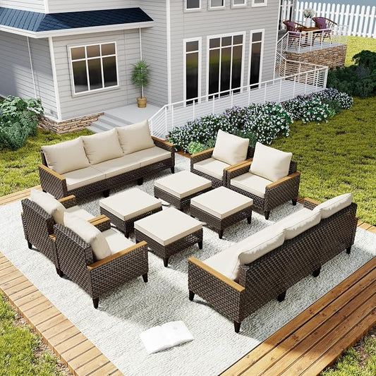 14 Piece Patio Sectional Sofa Furniture Set, All-Weather Wicker Rattan Outdoor Conversation Set with High Back and Thick Cushions, for Garden, Porch, Poolside, Beige