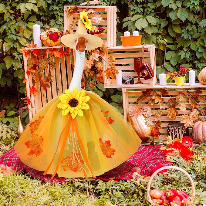 Soulchen 1 Set Fall Porch Goose Outfit 23 Inch Autumn Maple Leaves Cement Goose Clothes Dress and Hat Costume Set for Thanksgiving Party Yard Lawn Outdoor Garden Patio Decor