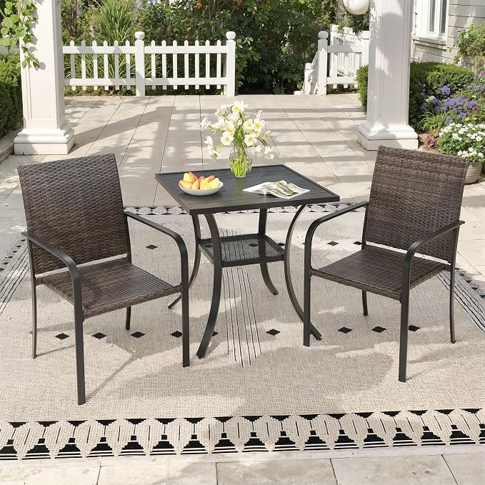 Outdoor Dining Set for 2, 28" Metal Square Outdoor Dining Table and Wicker Stackable Patio Chairs, 3 Pieces Patio Table and Chairs Set for Garden Backyard, Black