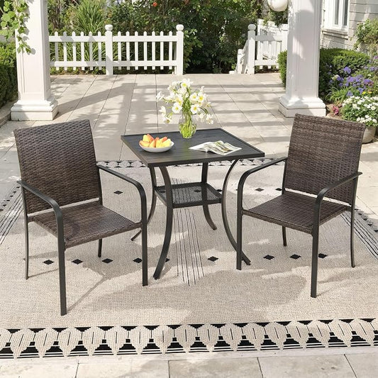 Outdoor Dining Set for 2, 28" Metal Square Outdoor Dining Table and Wicker Stackable Patio Chairs, 3 Pieces Patio Table and Chairs Set for Garden Backyard, Black