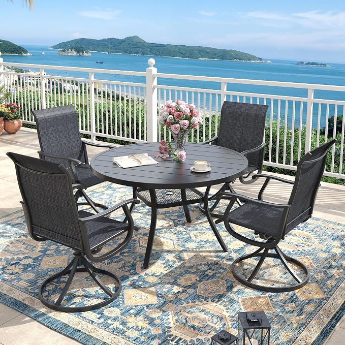 Outdoor Dining Set for 4, 40.6" Metal Round Outdoor Dining Table with Umbrella Hole and Sling Patio Swivel Chairs, 5 Pieces Patio Table and Chairs Set for Garden Backyard, Charcoal and Black