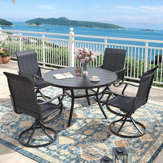 Outdoor Dining Set for 4, 40.6" Metal Round Outdoor Dining Table with Umbrella Hole and Sling Patio Swivel Chairs, 5 Pieces Patio Table and Chairs Set for Garden Backyard, Charcoal and Black