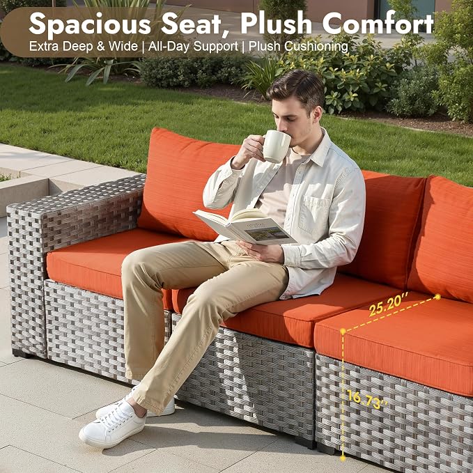 9 Pieces Patio Furniture Set, Wicker Outdoor Sectional Sofa with Swivel Chair Comfy Cushions, Modern Modular Deep Seat Rattan Couch Conversation Set for Backyard Porch Yard,Orange