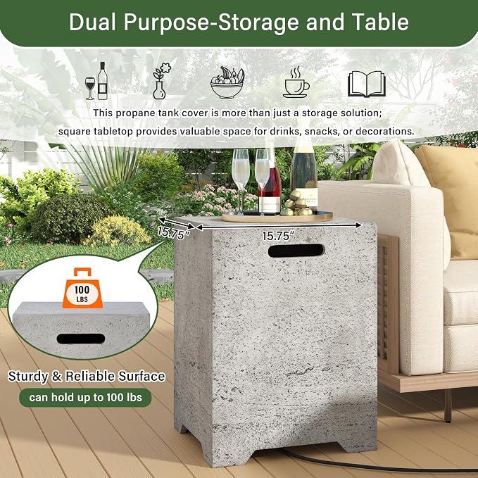 Polibi Tank Cover with Square Side Table, 100lb Capacity Weather-Resistant Enclosure for Standard 20 lb Tanks, Outdoor Storage for Patio, Deck, Balcony, No Assembly Needed, Light Gray