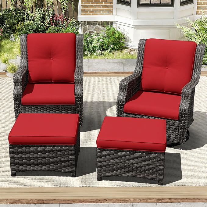 Outdoor Patio Furniture Set, 4 Piece Wicker Patio Furniture with Thick Cushions, Curved Armrest, Deep Seating, Outdoor Swivel Rocker Chairs for Porch, Deck, Balcony
