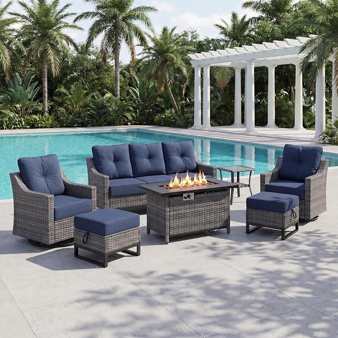 Luxury Outdoor Patio Furniture Set with 6-Inch Thick Cushions, High Back Wicker Swivel Rocker Chairs, 7 Pcs All Weather Conversation Set for Deck,Yard and Poolside