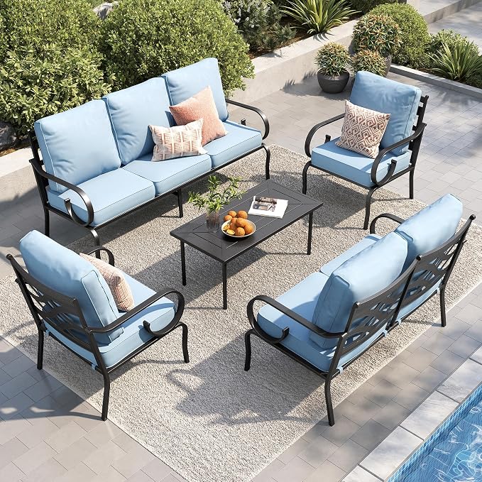 PHI VILLA Patio Furniture Set, a Loveseat, 3-Seater Sofa, 2 Fixed Chairs and a Coffee Table, Outdoor Metal Conversation Set with 5.75" Extra Thick Cushion for Garden Backyard Deck, Blue