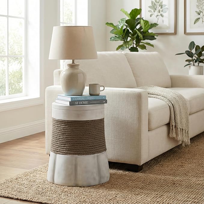 Christopher Knight Home Arford Outdoor Round Side Table, MGO End Table with Woven Rope Texture and Fan-Shaped Base, Decorative Accent Table for Indoor Outdoor Living Spaces, Light Gray and Brown