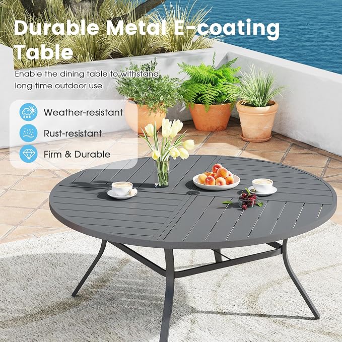 Patio Dining Table for 8-10, Round Metal Outdoor Table with Storage Shelf, 1.57" Umbrella Hole, 60" Outdoor Quartered Tabletop Dining Table for Backyard, Porch, Lawn, Dark Grey