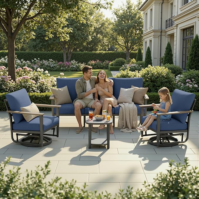 Aluminum Outdoor Patio Furniture Set 5-Seat, Patio Conversation Set Sectional Furniture Set with Swivel Rocking Chairs High Backrest & Thickened Cushions for Garden, Backyard, Poolside, Navy Blue